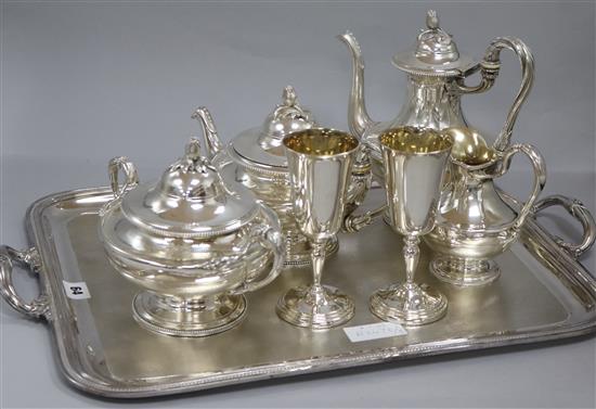 A Christofle four piece silver plated tea set, plated tray etc.